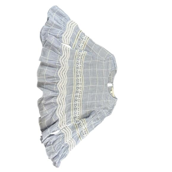 Jonathan Simkhai Blue Voile Grid Cotton Blouse XS Lace Ruffle Hem Top Keyhole - Picture 7 of 11